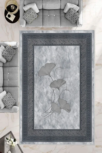 Makinede Yıkanabilir Leke Tutmaz  Gri Pvc Deri Kaymaz Taban Modern Salon Saçaksız Halı B1234  KREM-TURUNCU 80 x 150