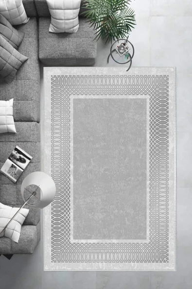 Makinede Yıkanabilir Leke Tutmaz  Gümüş Dot Keçe Kaymaz Taban Çerçeve Salon Saçaksız Halı B1223  SİYAH-ANTRASİT 100 x 200 - Resim 6