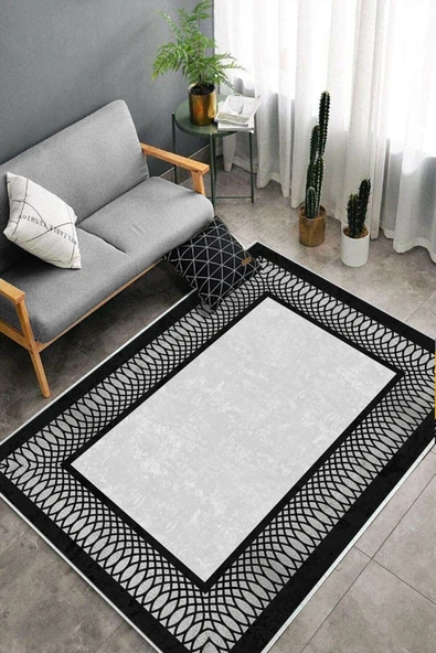 Makinede Yıkanabilir Leke Tutmaz  Gümüş-Siyah Deko Deri Kaymaz Taban Çerçeve Salon Saçaksız Halı B1229  YEŞİL-GOLD 100 x 300 - Resim 4