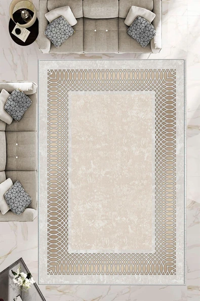 Makinede Yıkanabilir Leke Tutmaz  Krem Deko Deri Kaymaz Taban Çerçeve Salon Saçaksız Halı B1224  GÜMÜŞ 160 x 230 ürün görseli