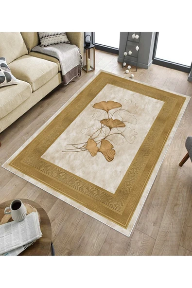 Makinede Yıkanabilir Leke Tutmaz  Gold Pvc Deri Kaymaz Taban Modern Salon Saçaksız Halı B1233  GOLD 100 x 300 - 5
