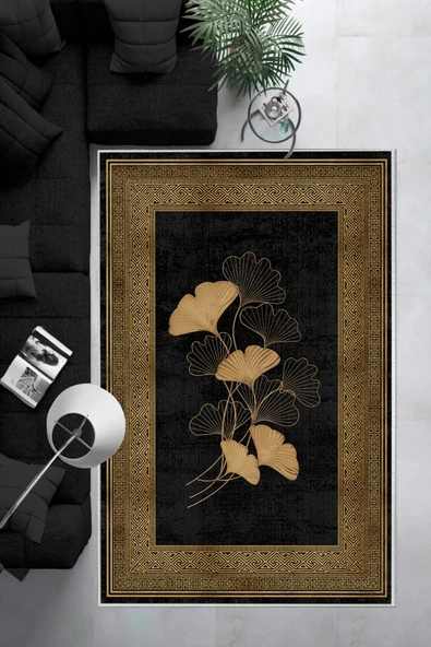 Makinede Yıkanabilir Leke Tutmaz  Siyah-Gold Pvc Deri Kaymaz Taban Modern Salon Saçaksız Halı B1235  LACİVERT-GRİ 180 x 280 - 2