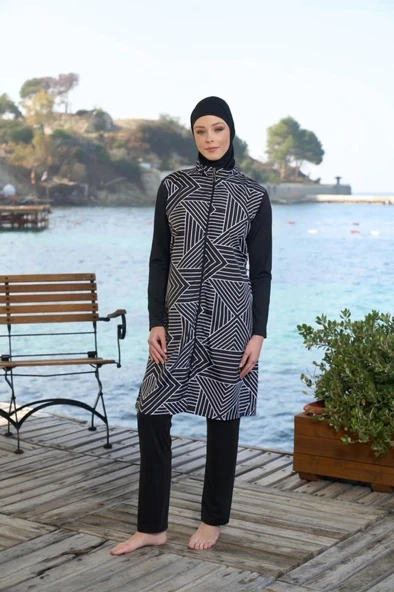 Estiva 25946 Siyah Fermuarlı Geometrik Desenli Tam Boy Tesettür Mayo - Resim 6