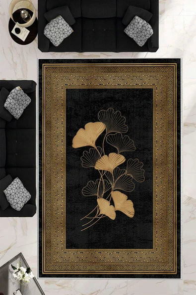 Makinede Yıkanabilir Leke Tutmaz  Siyah-Gold Pvc Deri Kaymaz Taban Modern Salon Saçaksız Halı B1235  LACİVERT-GRİ 80 x 150