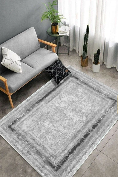 Makinede Yıkanabilir Leke Tutmaz  Gri-Antrasit Deko Deri Kaymaz Taban Eternity Salon Saçaksız Halı B1216  GRİ-KAHVERENGİ 100 x 300 - 4