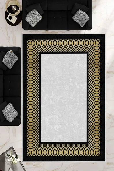 Makinede Yıkanabilir Leke Tutmaz  Siyah-Gold Deko Deri Kaymaz Taban Çerçeve Salon Saçaksız Halı B1230  SİYAH-GÜMÜŞ 100 x 300