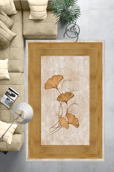 Makinede Yıkanabilir Leke Tutmaz  Gold Pvc Deri Kaymaz Taban Modern Salon Saçaksız Halı B1233  GOLD 100 x 300 - 2
