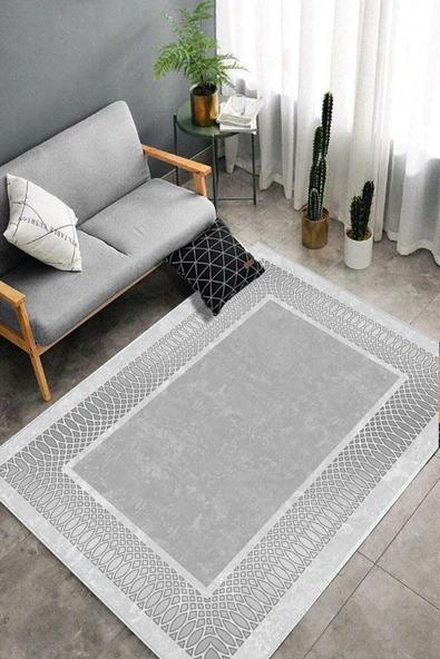 Makinede Yıkanabilir Leke Tutmaz  Gümüş Dot Keçe Kaymaz Taban Çerçeve Salon Saçaksız Halı B1223  SİYAH-ANTRASİT 100 x 200 - Resim 4