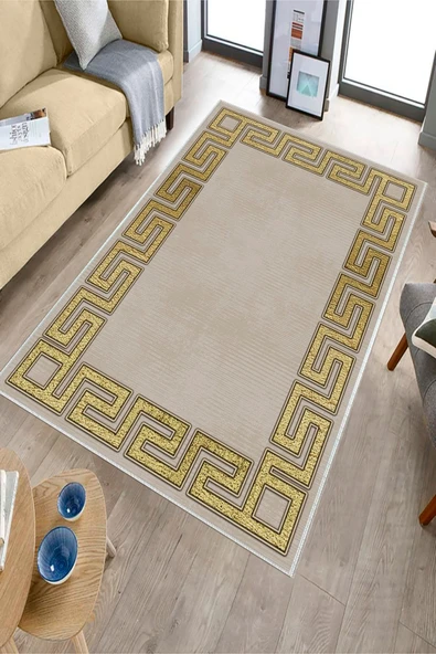 Makinede Yıkanabilir Leke Tutmaz  Krem-Gold Deko Deri Kaymaz Taban Versace Salon Saçaksız Halı B1239  BEJ-SİYAH 180 x 280 - 3
