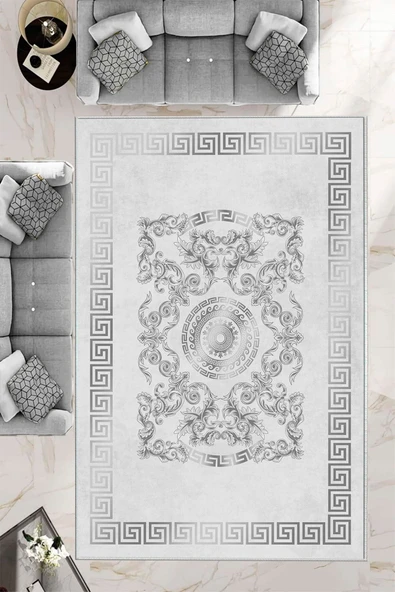Makinede Yıkanabilir Leke Tutmaz  Gri Pvc Deri Kaymaz Taban Göbekli Salon Saçaksız Halı B1237  KREM-GOLD 180 x 280