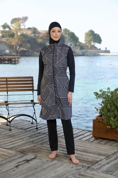 Estiva 25946 Siyah Fermuarlı Geometrik Desenli Tam Boy Tesettür Mayo - Resim 9