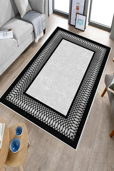 Makinede Yıkanabilir Leke Tutmaz  Gümüş-Siyah Deko Deri Kaymaz Taban Çerçeve Salon Saçaksız Halı B1229  YEŞİL-GOLD 80 x 300 - 3