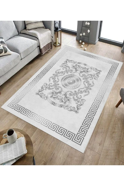 Makinede Yıkanabilir Leke Tutmaz  Gri Deko Deri Kaymaz Taban Göbekli Salon Saçaksız Halı B1237  KREM-GOLD 100 x 200 - 5