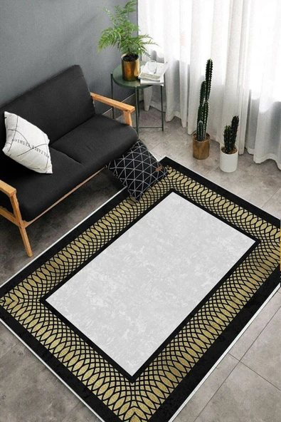 Makinede Yıkanabilir Leke Tutmaz  Siyah-Gold Deko Deri Kaymaz Taban Çerçeve Salon Saçaksız Halı B1230  SİYAH-GÜMÜŞ 120 x 180 - Resim 4
