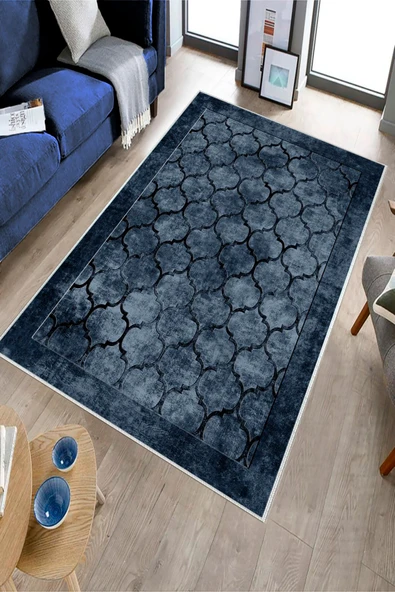 Makinede Yıkanabilir Leke Tutmaz  Lacivert Pvc Deri Kaymaz Taban Prizma Salon Saçaksız Halı B1221  KAHVERENGİ 120 x 180 - 3