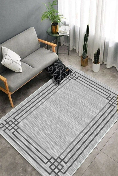 Makinede Yıkanabilir Leke Tutmaz  Gri Deko Deri Kaymaz Taban Çerçeve Salon Saçaksız Halı B1242  GRİ 100 x 300 - 4
