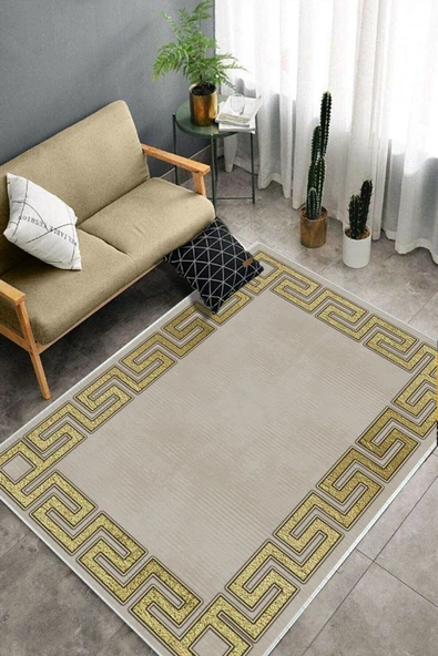 Makinede Yıkanabilir Leke Tutmaz  Krem-Gold Deko Deri Kaymaz Taban Versace Salon Saçaksız Halı B1239  BEJ-SİYAH 100 x 200 - 4