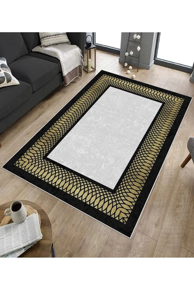 Makinede Yıkanabilir Leke Tutmaz  Siyah-Gold Deko Deri Kaymaz Taban Çerçeve Salon Saçaksız Halı B1230  SİYAH-GÜMÜŞ 100 x 300 - 5