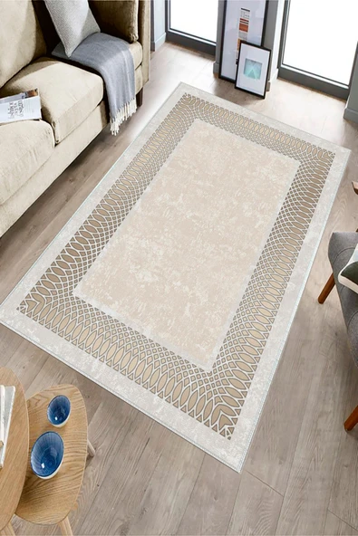 Makinede Yıkanabilir Leke Tutmaz  Krem Deko Deri Kaymaz Taban Çerçeve Salon Saçaksız Halı B1224  GÜMÜŞ 160 x 230 - Resim 3