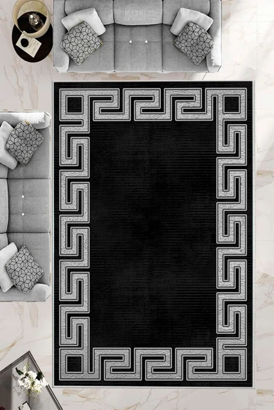 Makinede Yıkanabilir Leke Tutmaz  Siyah-Gümüş Deko Deri Kaymaz Taban Versace Salon Saçaksız Halı B1240  VİZON-GOLD 80 x 200