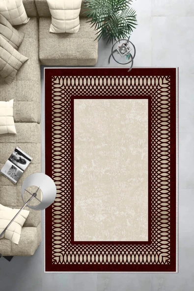 Makinede Yıkanabilir Leke Tutmaz  Bordo-Krem Deko Deri Kaymaz Taban Çerçeve Salon Saçaksız Halı B1231  SİYAH-GOLD 200 x 300 - 6