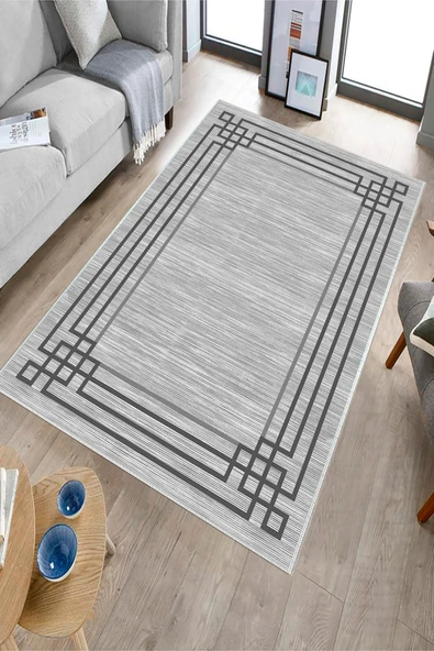 Makinede Yıkanabilir Leke Tutmaz  Gri Deko Deri Kaymaz Taban Çerçeve Salon Saçaksız Halı B1242  GRİ 100 x 300 - 3