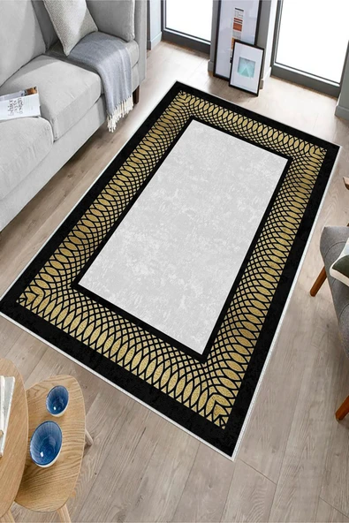 Makinede Yıkanabilir Leke Tutmaz  Siyah-Gold Deko Deri Kaymaz Taban Çerçeve Salon Saçaksız Halı B1230  SİYAH-GÜMÜŞ 120 x 180 - Resim 3