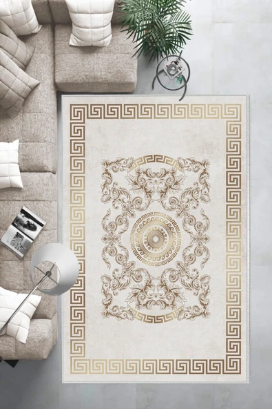 Makinede Yıkanabilir Leke Tutmaz  Krem-Gold Deko Deri Kaymaz Taban Göbekli Salon Saçaksız Halı B1236  SİYAH 100 x 300 - 2