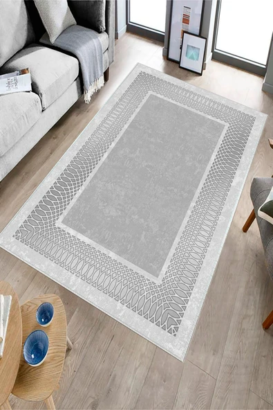 Makinede Yıkanabilir Leke Tutmaz  Gümüş Dot Keçe Kaymaz Taban Çerçeve Salon Saçaksız Halı B1223  SİYAH-ANTRASİT 100 x 200 - Resim 3