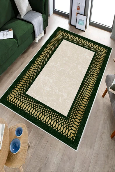 Makinede Yıkanabilir Leke Tutmaz  Haki-Krem Deko Deri Kaymaz Taban Çerçeve Salon Saçaksız Halı B1228  LACİVERT-GOLD 160 x 230 - 3