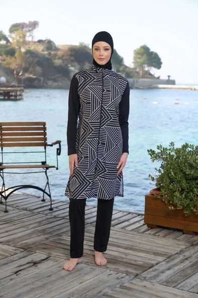 Estiva 25946 Siyah Fermuarlı Geometrik Desenli Tam Boy Tesettür Mayo - Resim 5