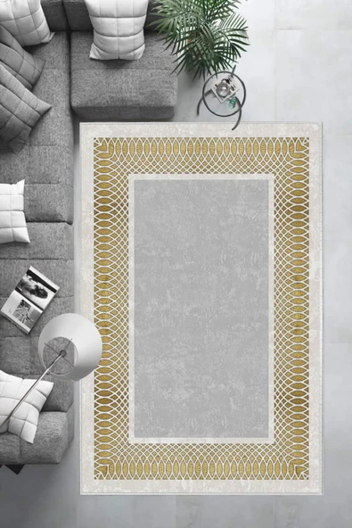 Makinede Yıkanabilir Leke Tutmaz  Gri-Gold Deko Deri Kaymaz Taban Çerçeve Salon Saçaksız Halı B1225  KREM-BİZON 100 x 300 - 6