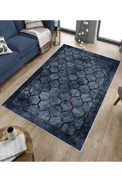 Makinede Yıkanabilir Leke Tutmaz  Lacivert Pvc Deri Kaymaz Taban Prizma Salon Saçaksız Halı B1221  KAHVERENGİ 120 x 180 - 5