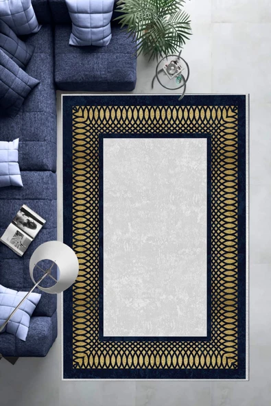 Makinede Yıkanabilir Leke Tutmaz  Gold-Lacivert Deko Deri Kaymaz Taban Çerçeve Salon Saçaksız Halı B1227  GÜMÜŞ-LACİVERT 80 x 300 - 6