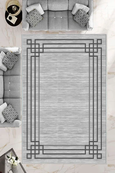 Makinede Yıkanabilir Leke Tutmaz  Gri Deko Deri Kaymaz Taban Çerçeve Salon Saçaksız Halı B1242  GRİ 100 x 300