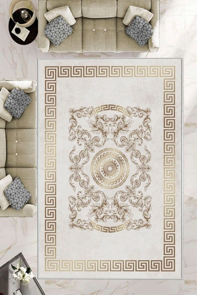 Makinede Yıkanabilir Leke Tutmaz  Krem-Gold Pvc Deri Kaymaz Taban Göbekli Salon Saçaksız Halı B1236  SİYAH 80 x 200