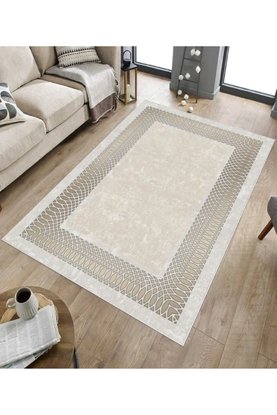 Makinede Yıkanabilir Leke Tutmaz  Krem Deko Deri Kaymaz Taban Çerçeve Salon Saçaksız Halı B1224  GÜMÜŞ 100 x 300 - 5