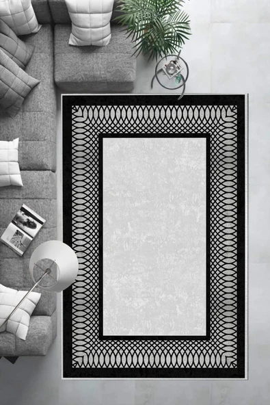 Makinede Yıkanabilir Leke Tutmaz  Gümüş-Siyah Deko Deri Kaymaz Taban Çerçeve Salon Saçaksız Halı B1229  YEŞİL-GOLD 100 x 300 - Resim 6