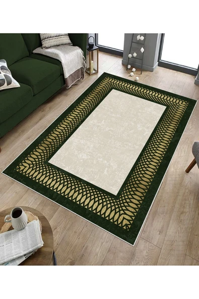 Makinede Yıkanabilir Leke Tutmaz  Haki-Krem Pvc Deri Kaymaz Taban Çerçeve Salon Saçaksız Halı B1228  LACİVERT-GOLD 200 x 300 - 5