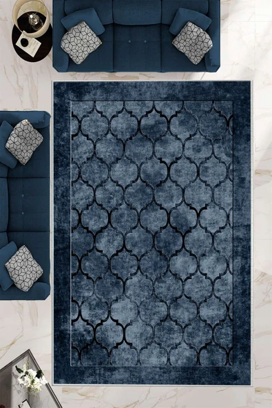 Makinede Yıkanabilir Leke Tutmaz  Lacivert Deko Deri Kaymaz Taban Prizma Salon Saçaksız Halı B1221  KAHVERENGİ 180 x 280