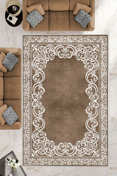 Makinede Yıkanabilir Leke Tutmaz  Vizon Deko Deri Kaymaz Taban Eternity Salon Saçaksız Halı B1218  VİZON 200 x 300