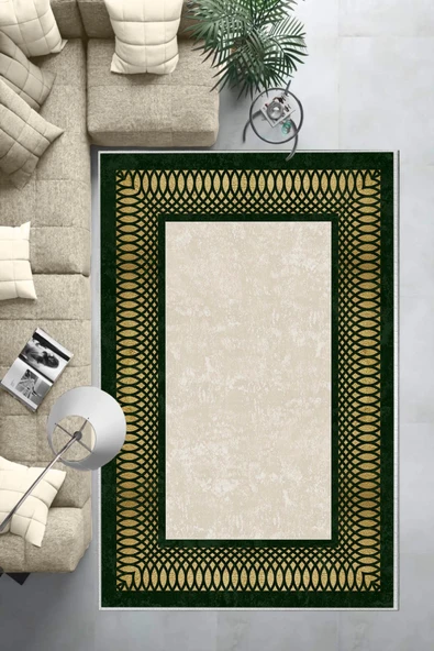Makinede Yıkanabilir Leke Tutmaz  Haki-Krem Pvc Deri Kaymaz Taban Çerçeve Salon Saçaksız Halı B1228  LACİVERT-GOLD 80 x 150 - 6