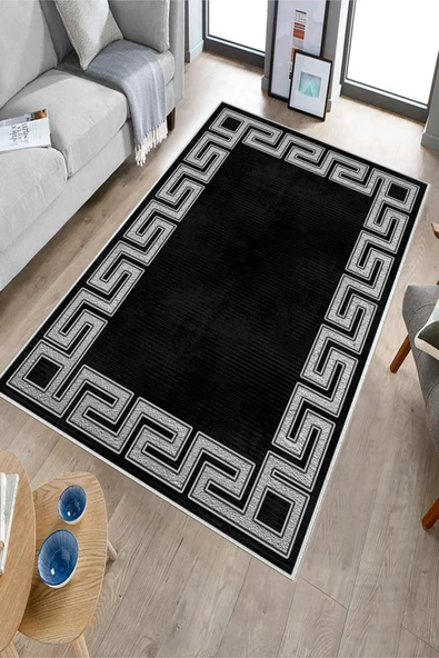 Makinede Yıkanabilir Leke Tutmaz  Siyah-Gümüş Deko Deri Kaymaz Taban Versace Salon Saçaksız Halı B1240  VİZON-GOLD 80 x 200 - 3