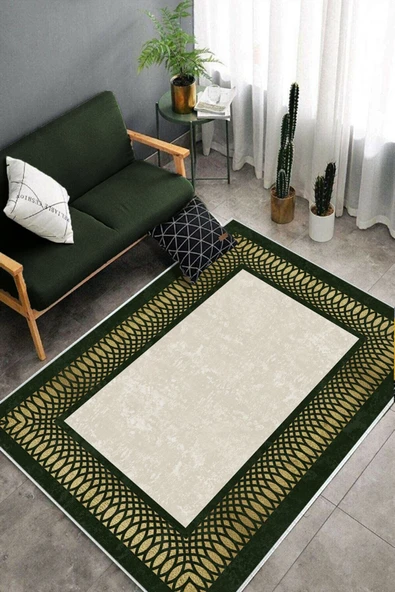 Makinede Yıkanabilir Leke Tutmaz  Haki-Krem Deko Deri Kaymaz Taban Çerçeve Salon Saçaksız Halı B1228  LACİVERT-GOLD 100 x 200 - 4