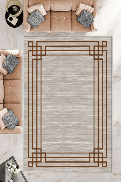 Makinede Yıkanabilir Leke Tutmaz  Vizon Pvc Deri Kaymaz Taban Çerçeve Salon Saçaksız Halı B1241  VİZON-KAHVERENGİ 120 x 180