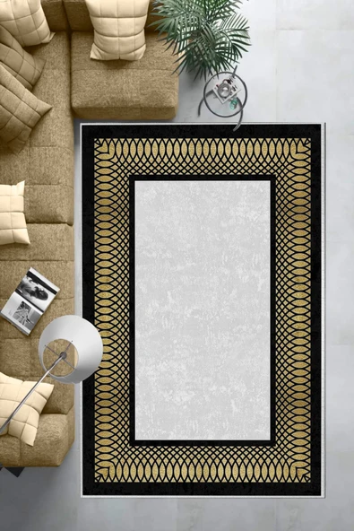 Makinede Yıkanabilir Leke Tutmaz  Siyah-Gold Deko Deri Kaymaz Taban Çerçeve Salon Saçaksız Halı B1230  SİYAH-GÜMÜŞ 120 x 180 - Resim 6
