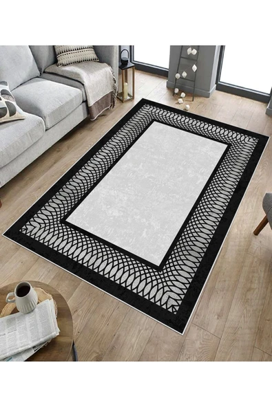 Makinede Yıkanabilir Leke Tutmaz  Gümüş-Siyah Deko Deri Kaymaz Taban Çerçeve Salon Saçaksız Halı B1229  YEŞİL-GOLD 100 x 300 - Resim 5