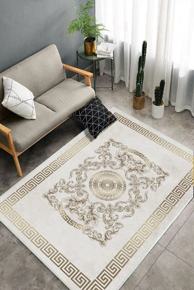 Makinede Yıkanabilir Leke Tutmaz  Krem-Gold Pvc Deri Kaymaz Taban Göbekli Salon Saçaksız Halı B1236  SİYAH 80 x 200 - 4