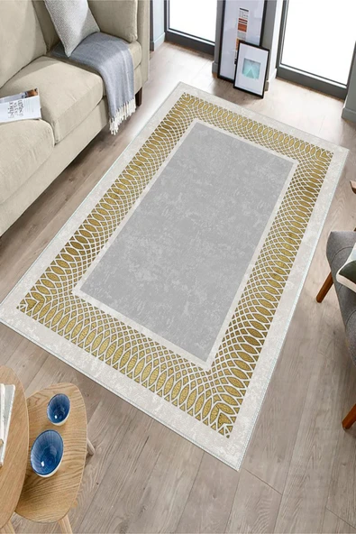 Makinede Yıkanabilir Leke Tutmaz  Gri-Gold Deko Deri Kaymaz Taban Çerçeve Salon Saçaksız Halı B1225  KREM-BİZON 100 x 300 - 3