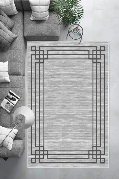 Makinede Yıkanabilir Leke Tutmaz  Gri Deko Deri Kaymaz Taban Çerçeve Salon Saçaksız Halı B1242  GRİ 100 x 300 - 2